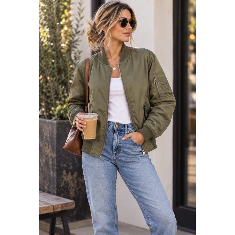 PacSun Womens Olive Green Ruched Sleeve Bomber Jacket Orange Lining Small
